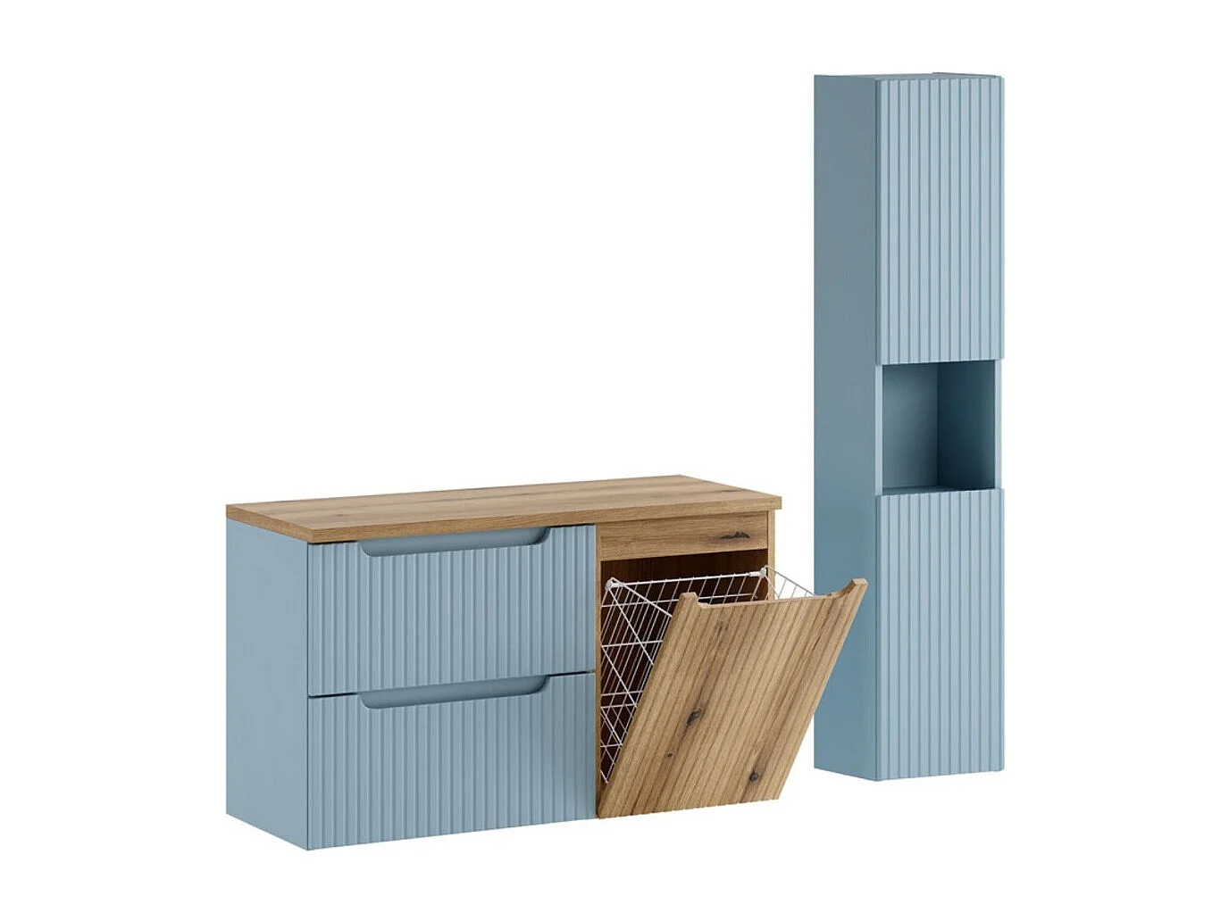 Ensemble VANO bleu denim et chêne clair 130cm : meubles sous vasque à tiroirs et panier à linge + plan pour vasque + colonne