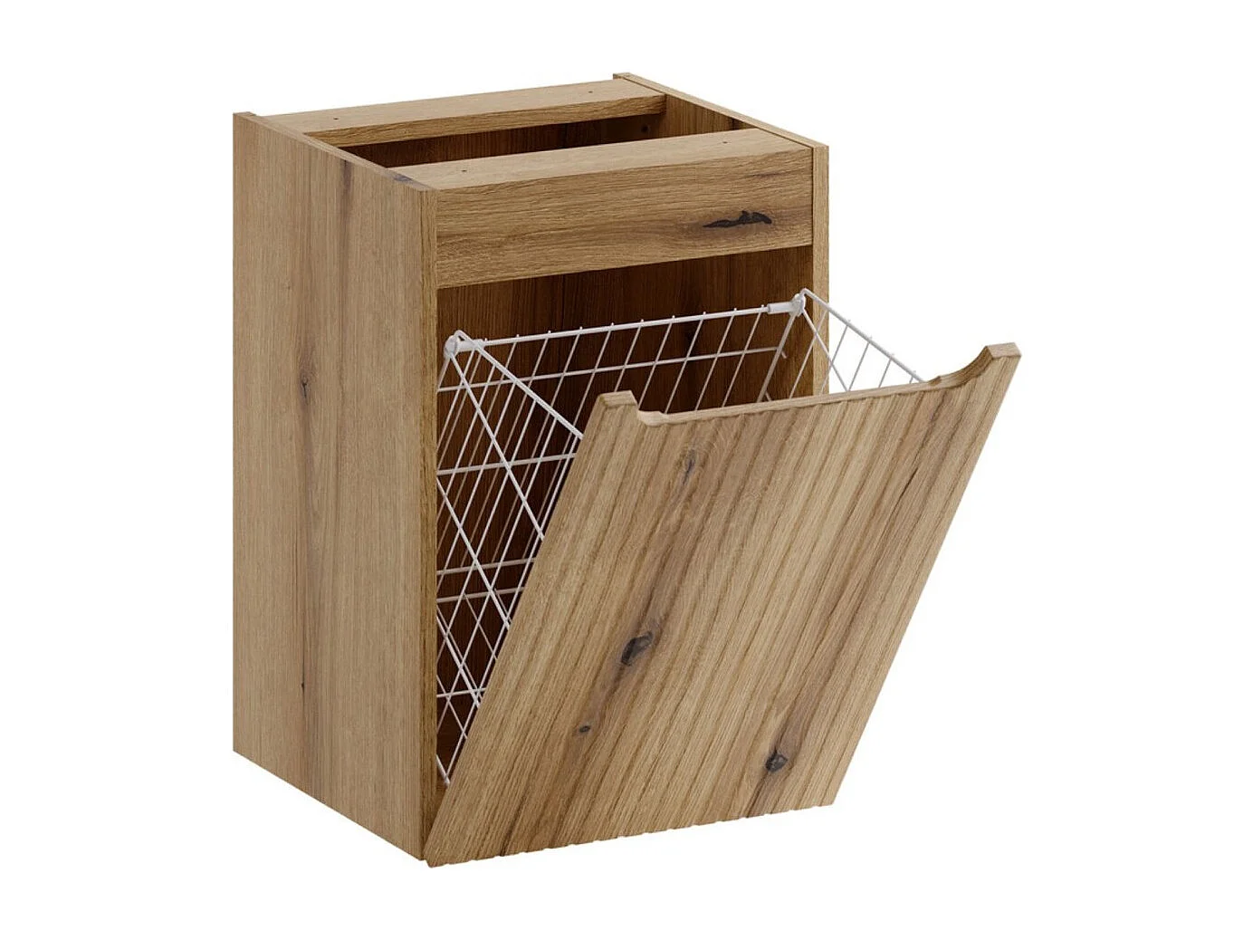 Ensemble VANO bleu denim et chêne clair 130cm : meubles sous vasque à tiroirs et panier à linge + plan pour vasque + colonne