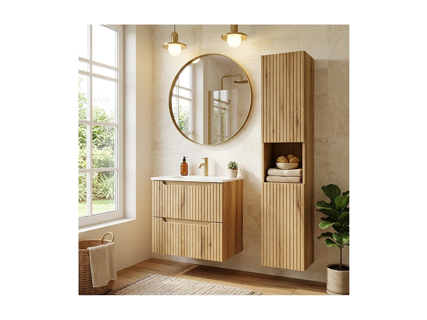 Conjunto de baño suspendido VANO roble claro 90cm: mueble bajo lavabo con cajones + lavabo encastrado + columna