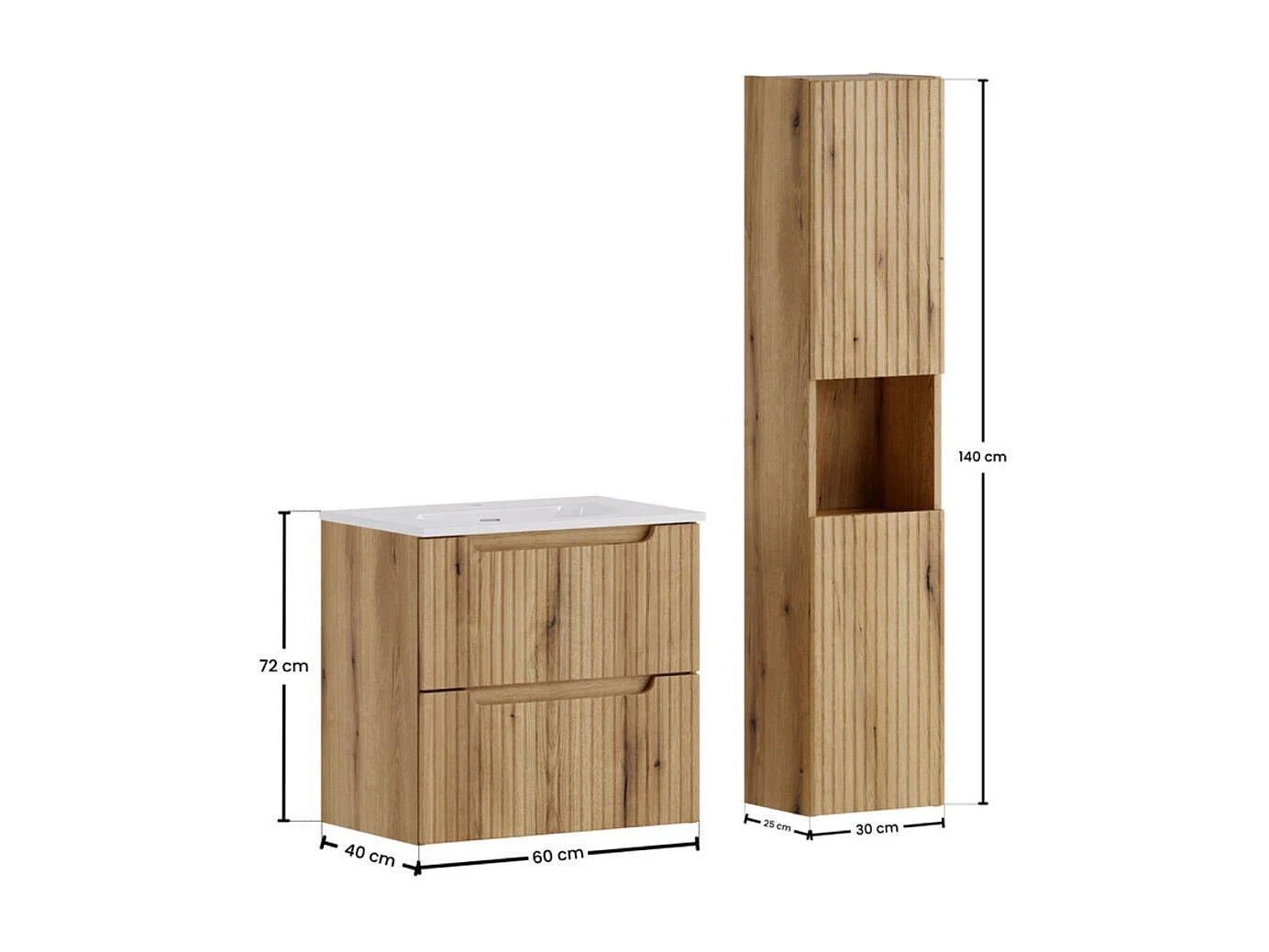 Conjunto de baño suspendido VANO roble claro 90cm: mueble bajo lavabo con cajones + lavabo encastrado + columna