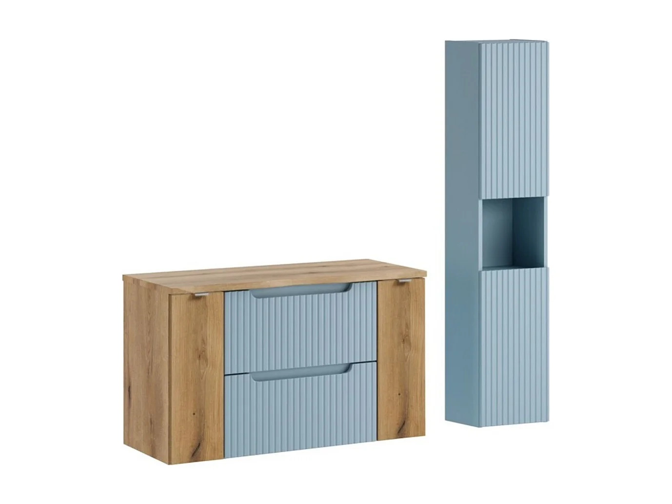 Ensemble suspendu VANO bleu denim et chêne clair 130cm : meubles sous vasque à tiroirs et placards + plan pour vasque + colonne