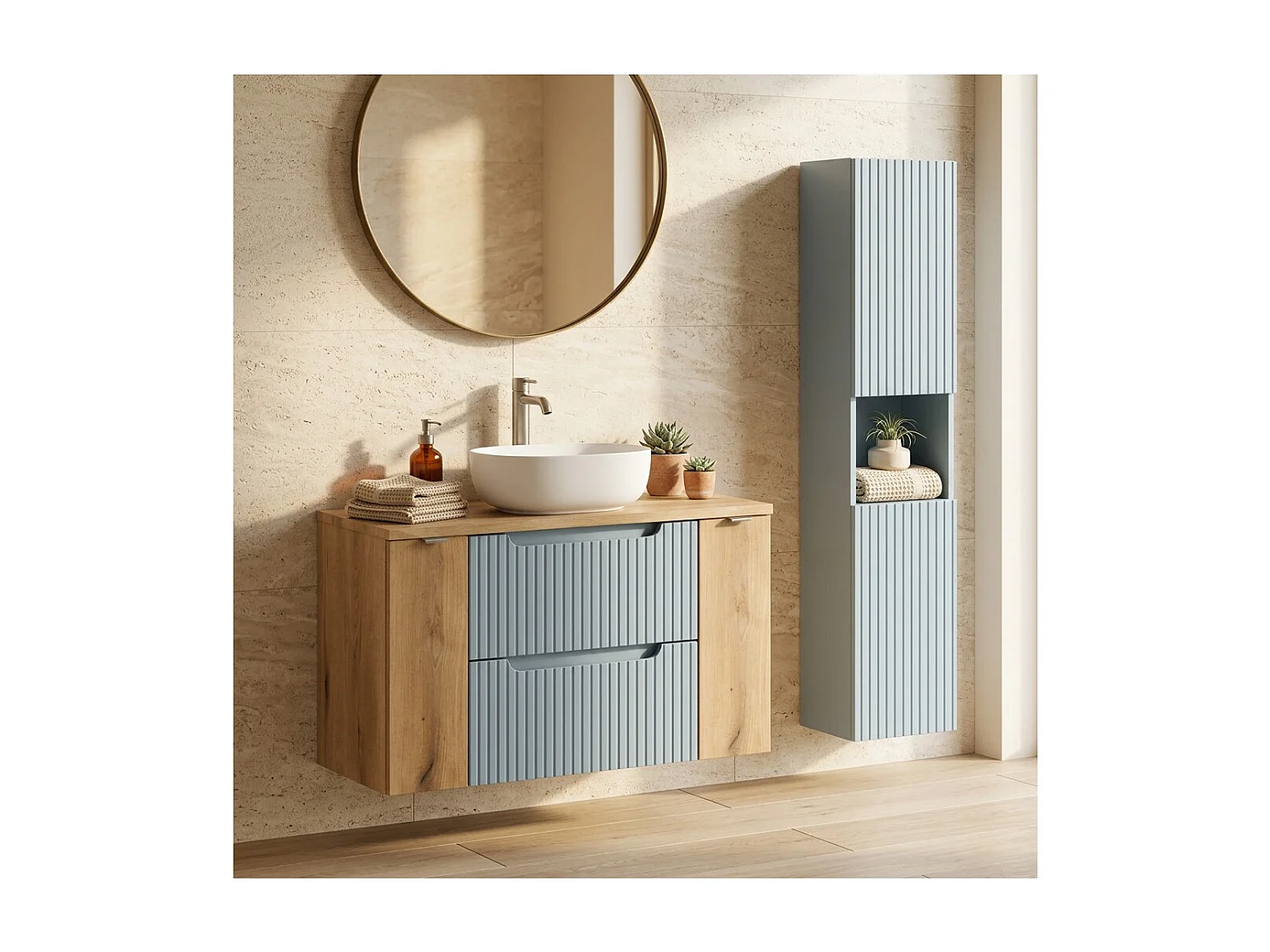 Ensemble suspendu VANO bleu denim et chêne clair 130cm : meubles sous vasque à tiroirs et placards + plan pour vasque + colonne