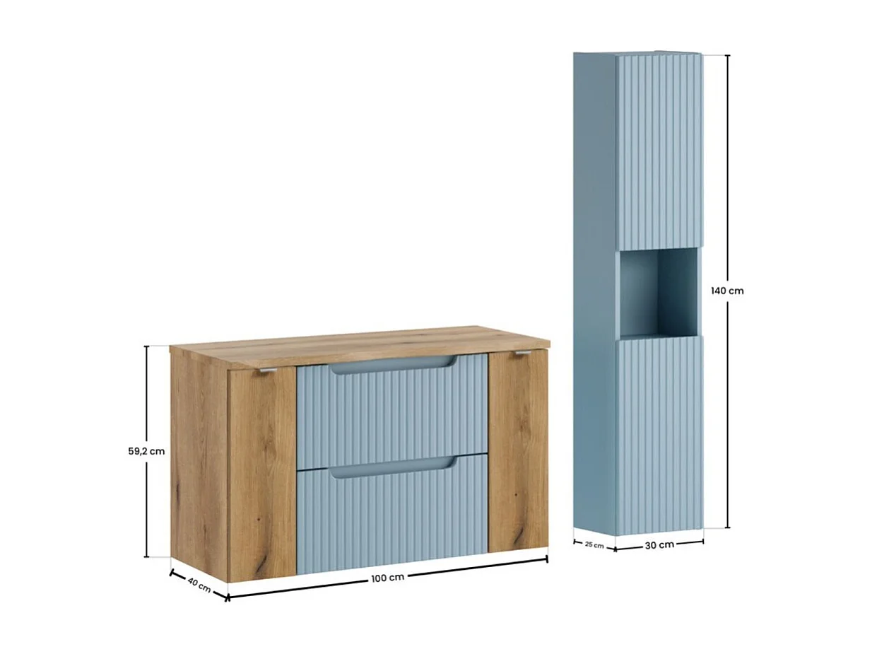 Ensemble suspendu VANO bleu denim et chêne clair 130cm : meubles sous vasque à tiroirs et placards + plan pour vasque + colonne