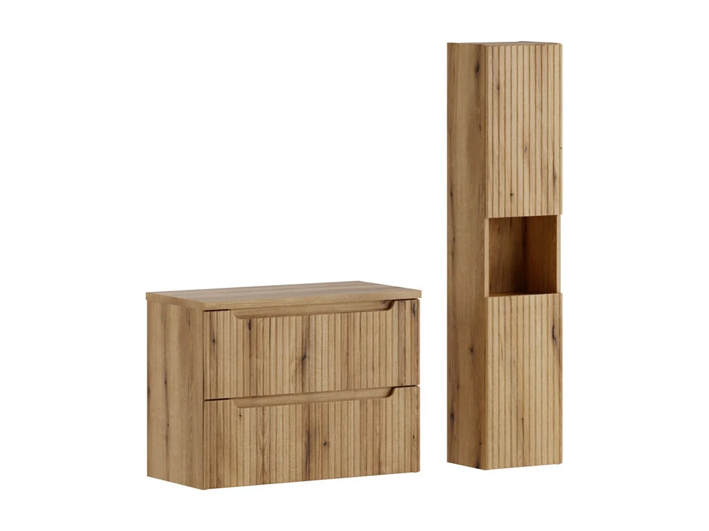 Conjunto de baño suspendido VANO roble claro 110cm: mueble bajo lavabo con cajones + encimera para lavabo + columna