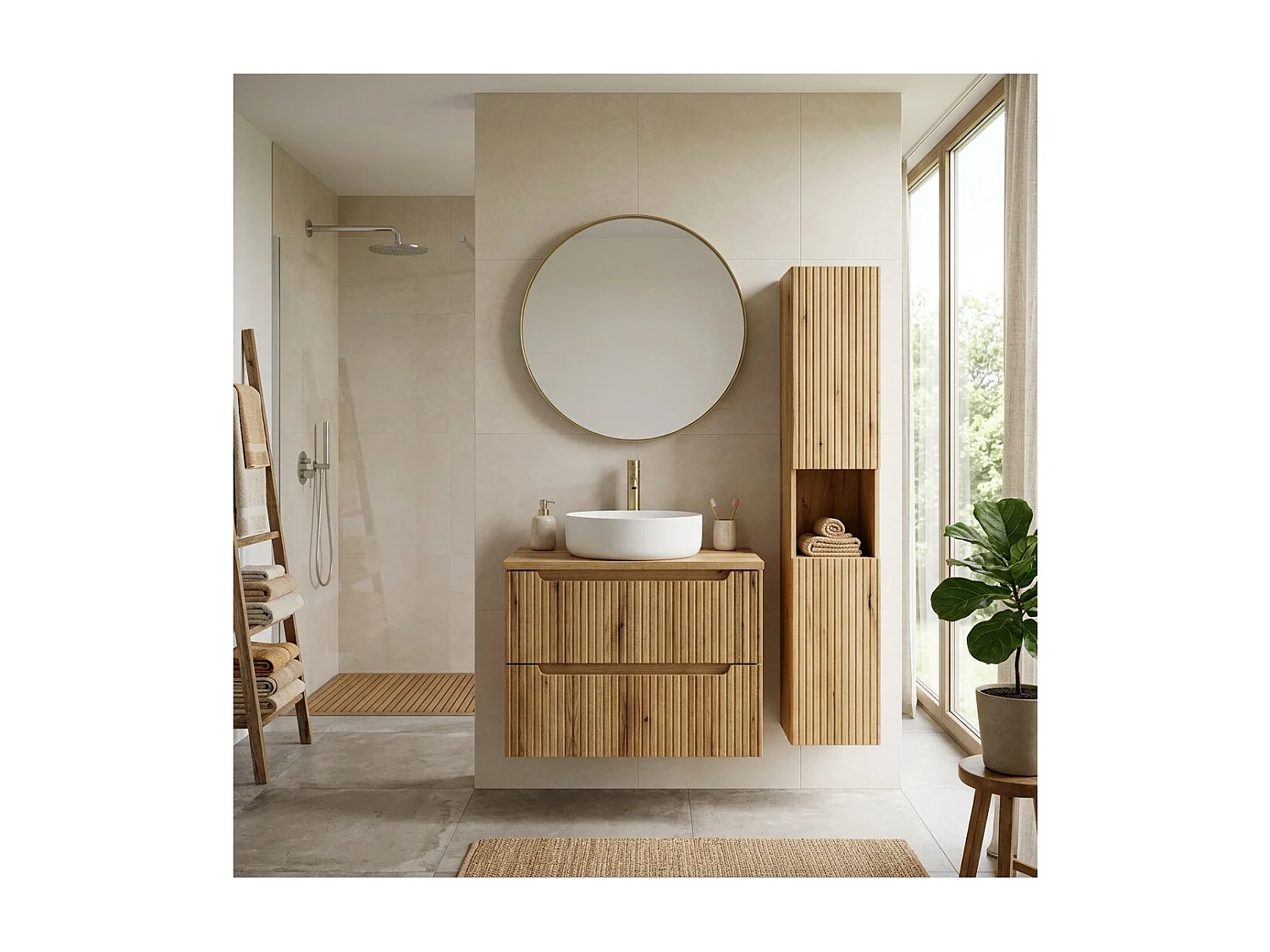Conjunto de baño suspendido VANO roble claro 110cm: mueble bajo lavabo con cajones + encimera para lavabo + columna