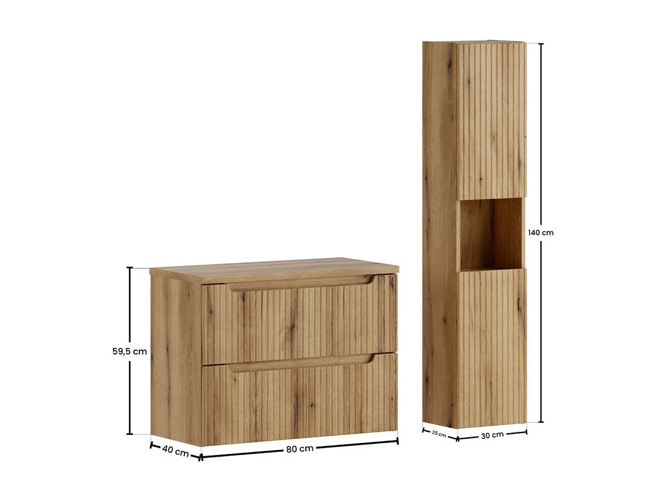 Conjunto de baño suspendido VANO roble claro 110cm: mueble bajo lavabo con cajones + encimera para lavabo + columna