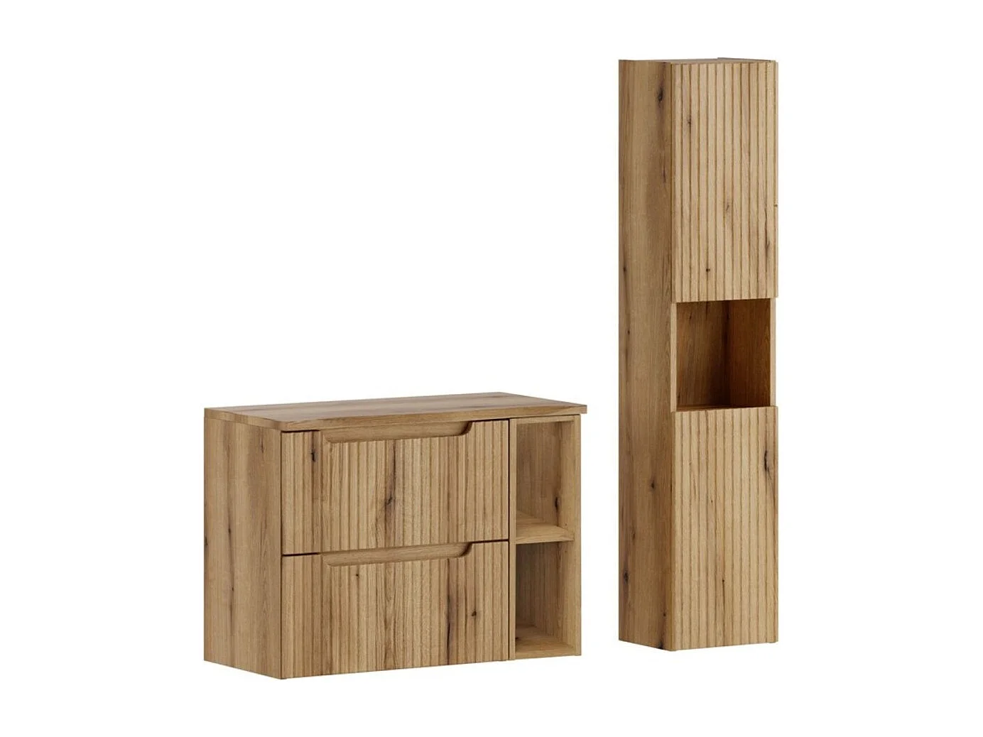 Ensemble VANO roble claro 110cm: muebles bajo lavabo con cajones y nichos visibles + plan para lavabo + columna