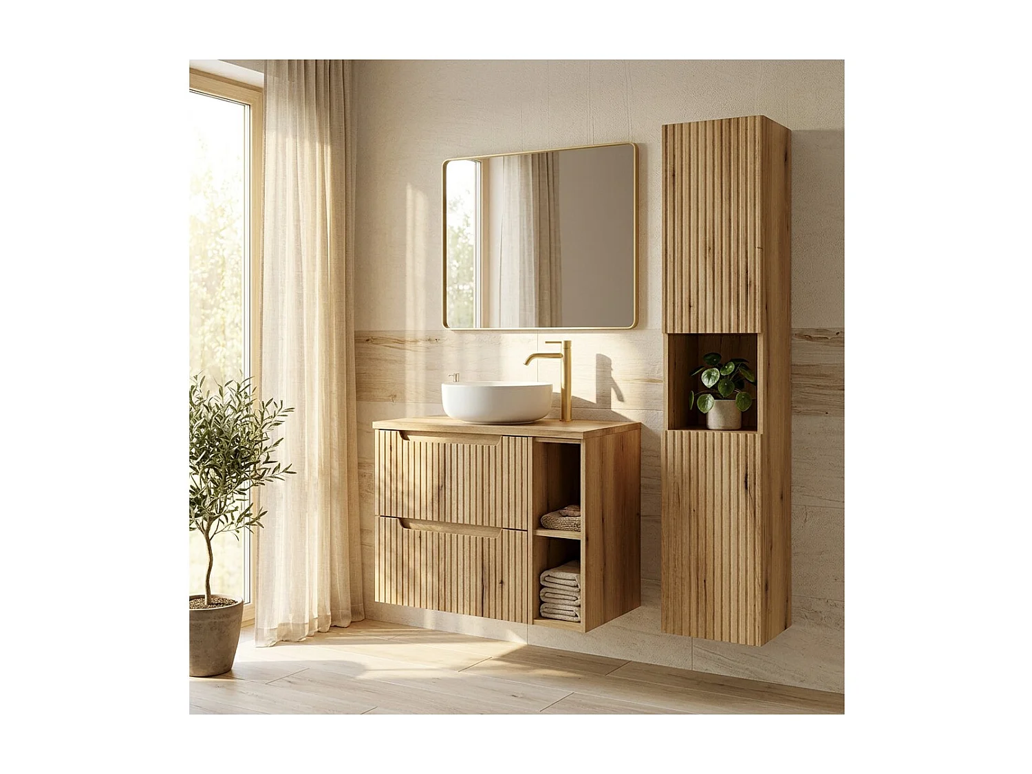 Ensemble VANO roble claro 110cm: muebles bajo lavabo con cajones y nichos visibles + plan para lavabo + columna