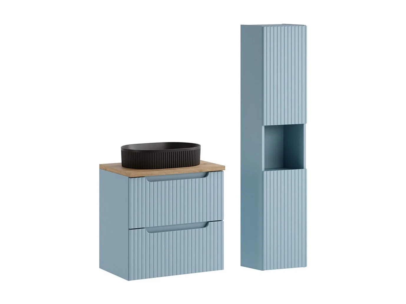 Ensemble VANO bleu denim et chêne clair 90cm : meuble sous vasque à tiroirs + plan pour vasque + vasque à poser noire + colonne