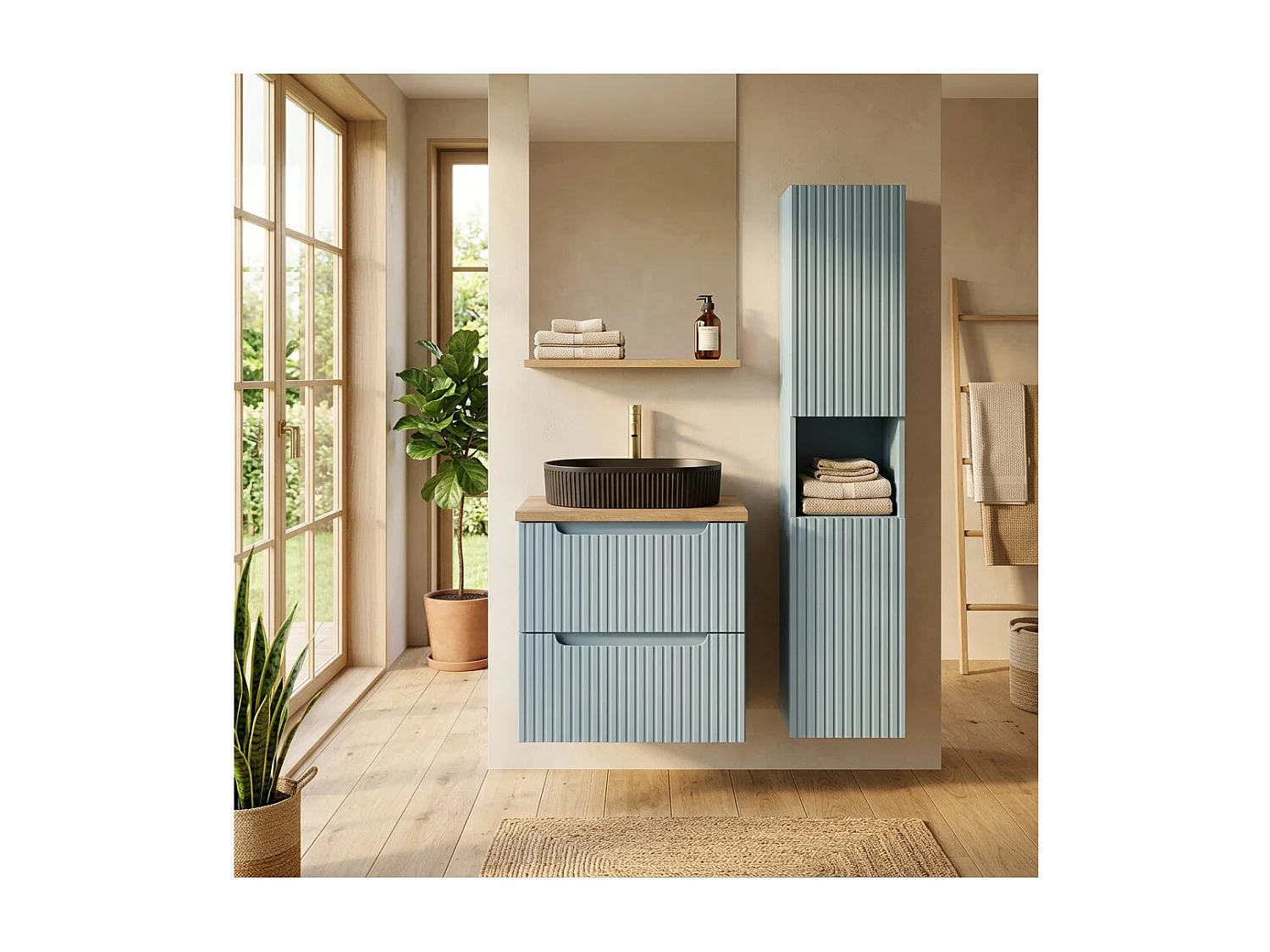 Ensemble VANO bleu denim et chêne clair 90cm : meuble sous vasque à tiroirs + plan pour vasque + vasque à poser noire + colonne