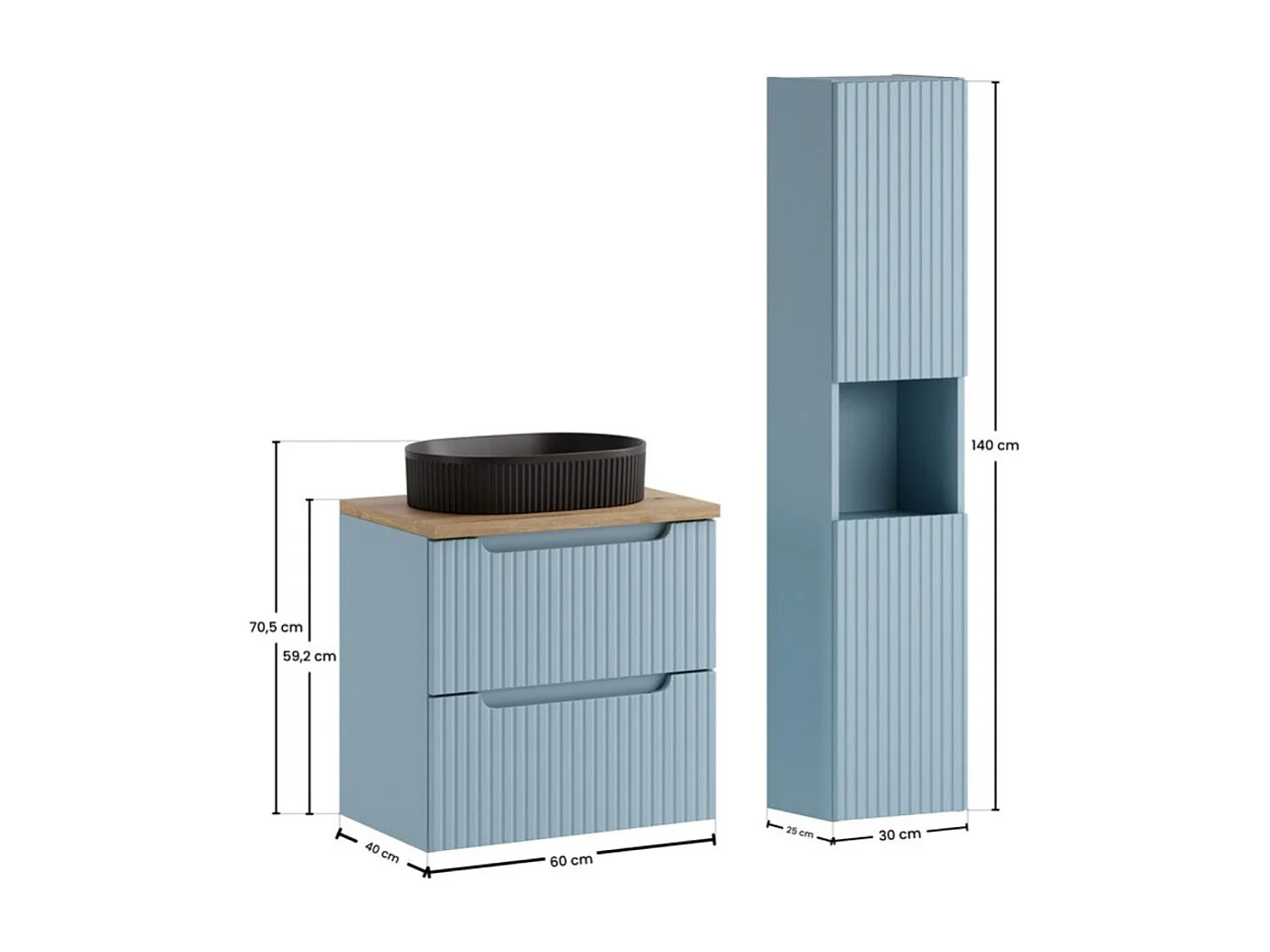 Ensemble VANO bleu denim et chêne clair 90cm : meuble sous vasque à tiroirs + plan pour vasque + vasque à poser noire + colonne