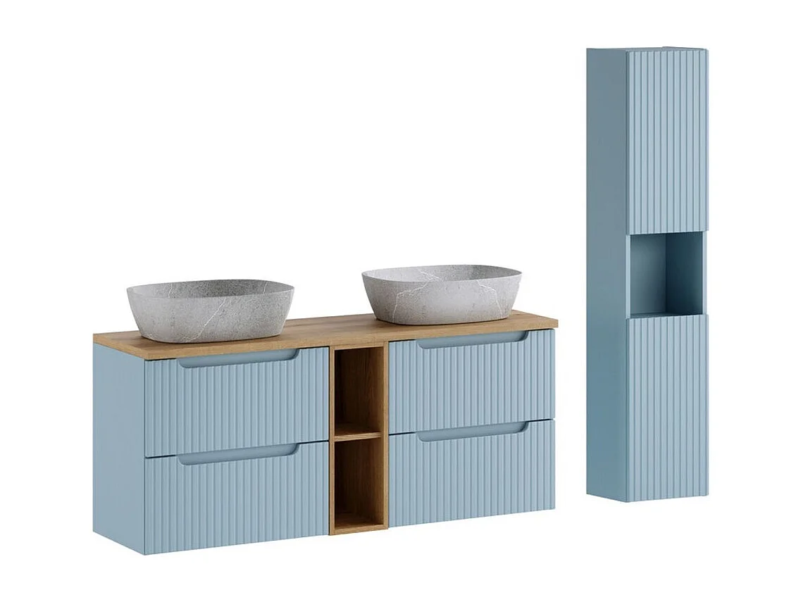Ensemble VANO bleu denim et chêne clair 170cm : meubles sous vasque à tiroirs avec niches visibles + vasques grises + colonne