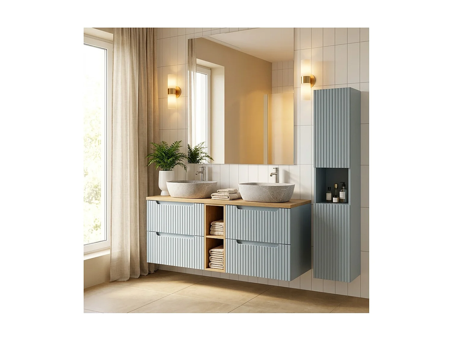 Ensemble VANO bleu denim et chêne clair 170cm : meubles sous vasque à tiroirs avec niches visibles + vasques grises + colonne