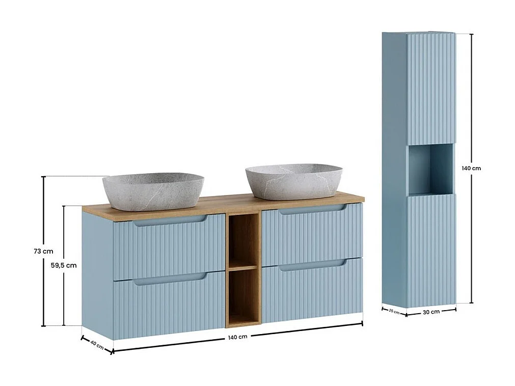 Ensemble VANO bleu denim et chêne clair 170cm : meubles sous vasque à tiroirs avec niches visibles + vasques grises + colonne