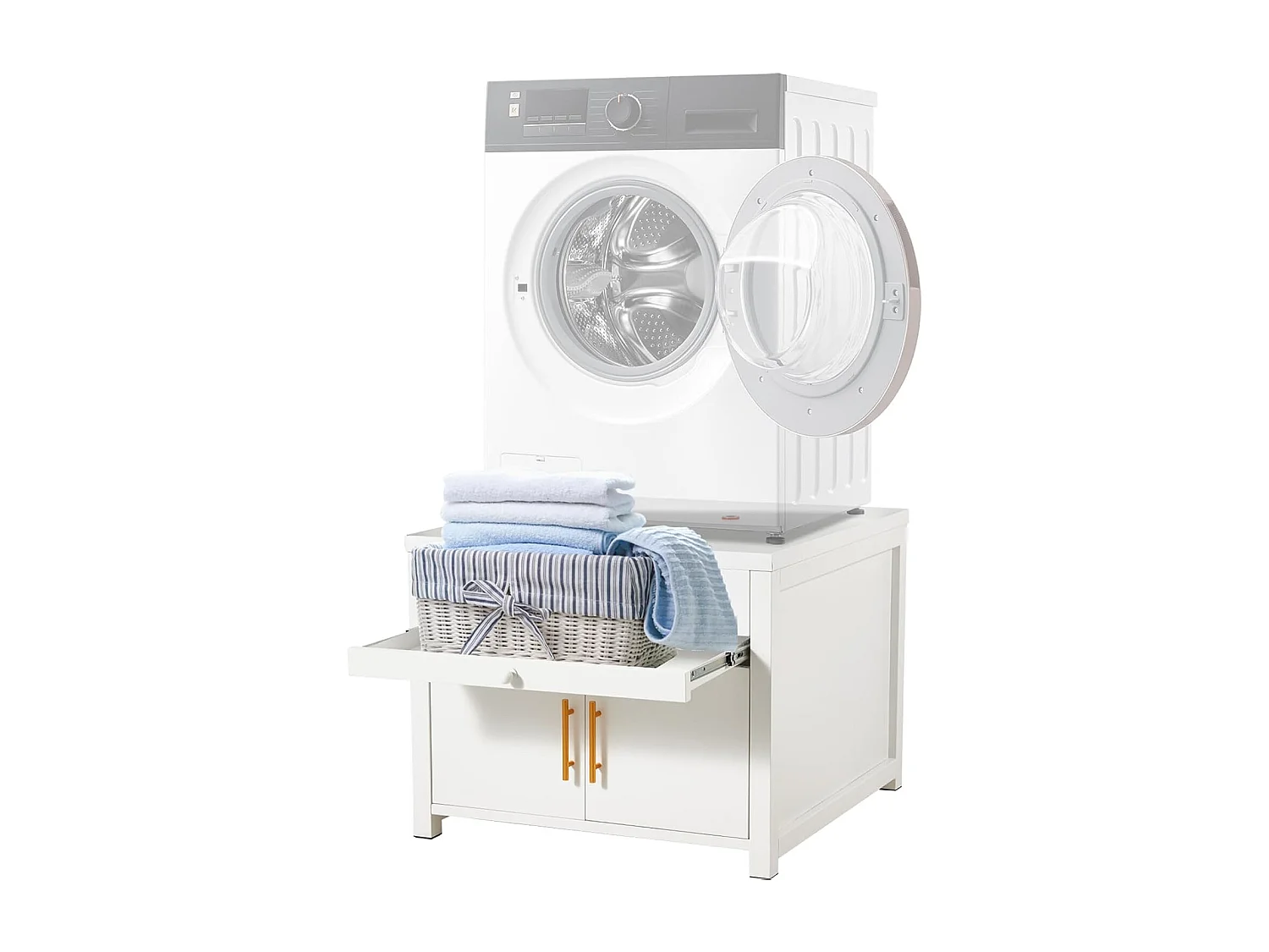 YODOLLA Support Machine à Laver 73x73x58 cm - Métal, Charge 320kg - avec Tiroir et Placard, Pieds Antidérapants - Blanc