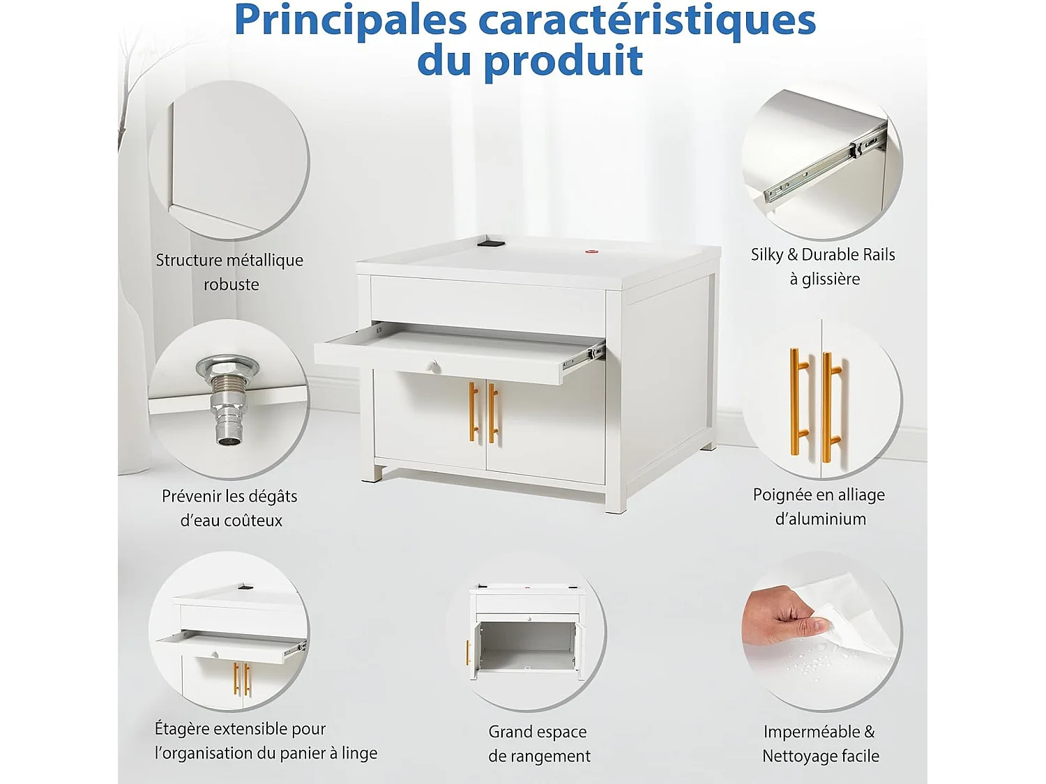 YODOLLA Support Machine à Laver 73x73x58 cm - Métal, Charge 320kg - avec Tiroir et Placard, Pieds Antidérapants - Blanc