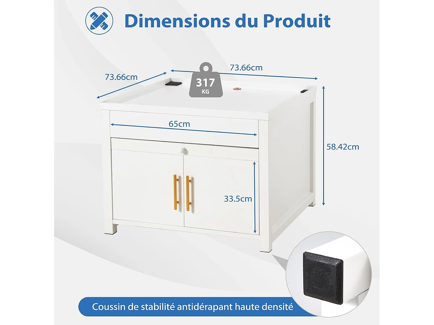 YODOLLA Support Machine à Laver 73x73x58 cm - Métal, Charge 320kg - avec Tiroir et Placard, Pieds Antidérapants - Blanc