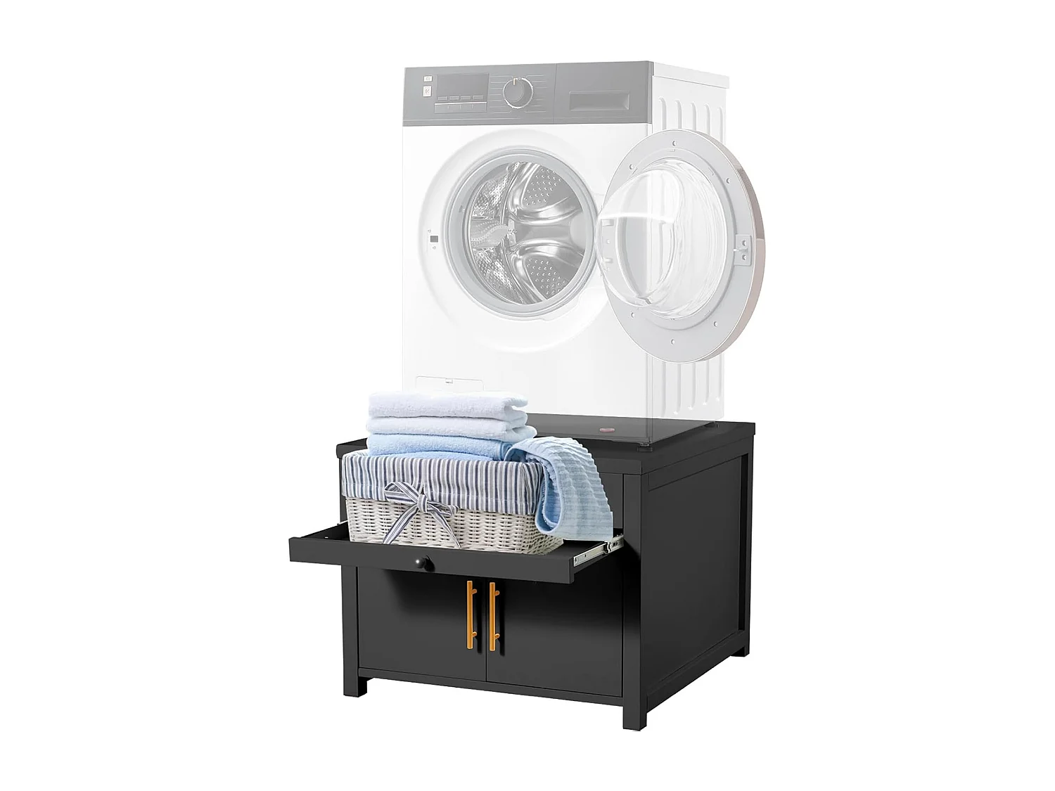 YODOLLA Support Machine à Laver 73x73x58 cm - Métal, Charge 320kg - avec Tiroir et Placard, Pieds Antidérapants - Noir