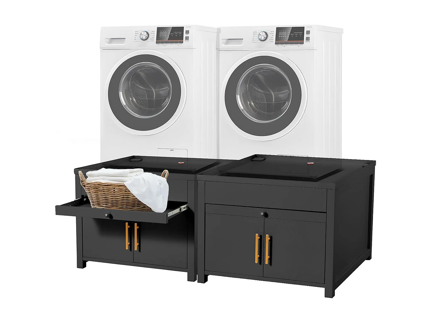 YODOLLA Support Machine à Laver 73x73x58 cm - Métal, Charge 320kg - avec Tiroir et Placard, Pieds Antidérapants - Noir