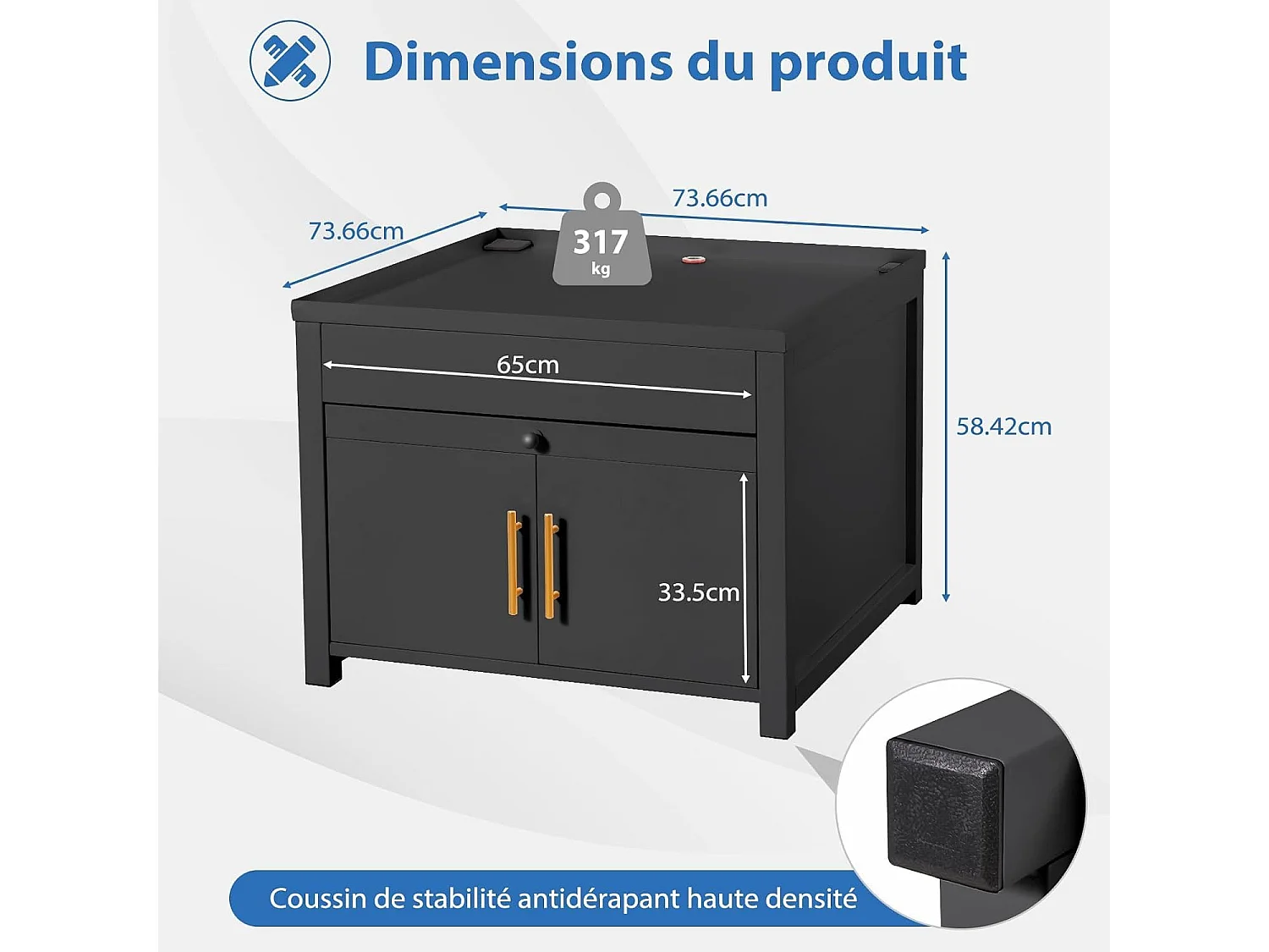 YODOLLA Support Machine à Laver 73x73x58 cm - Métal, Charge 320kg - avec Tiroir et Placard, Pieds Antidérapants - Noir
