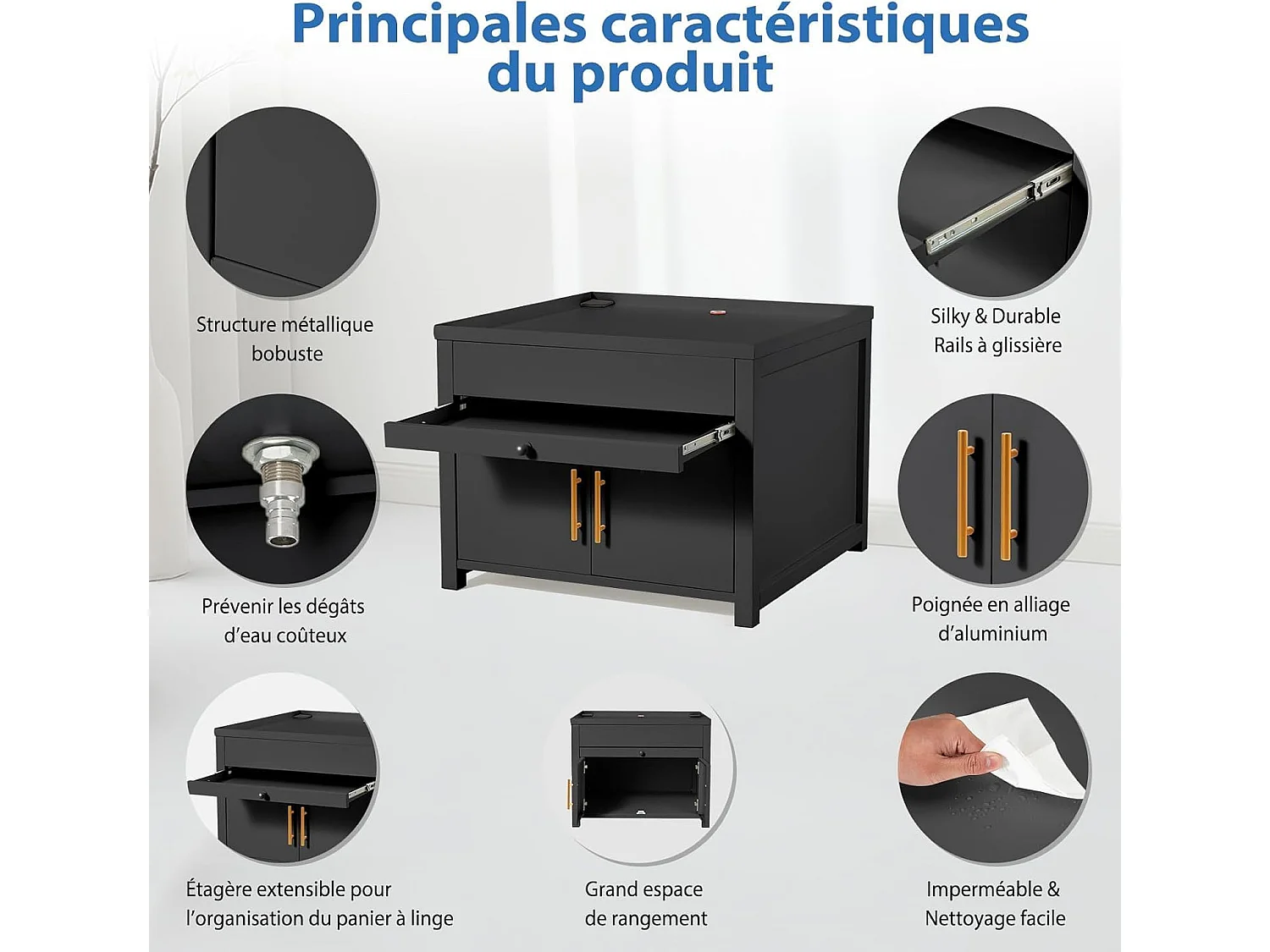 YODOLLA Support Machine à Laver 73x73x58 cm - Métal, Charge 320kg - avec Tiroir et Placard, Pieds Antidérapants - Noir