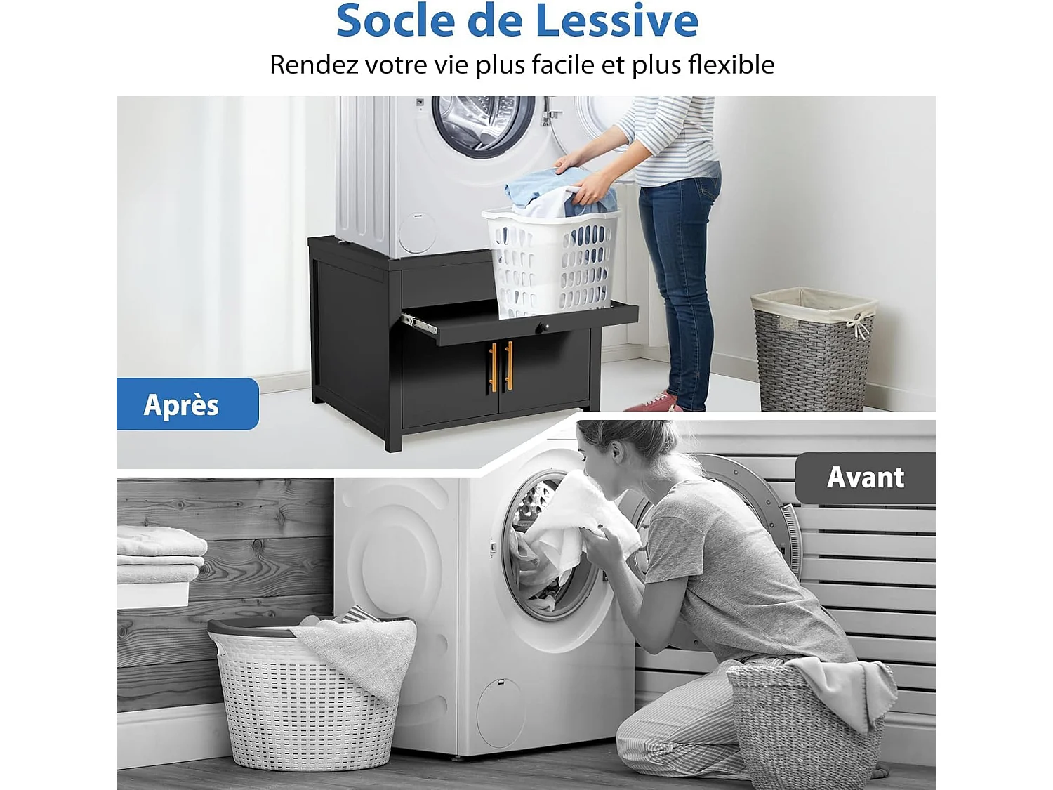 YODOLLA Support Machine à Laver 73x73x58 cm - Métal, Charge 320kg - avec Tiroir et Placard, Pieds Antidérapants - Noir