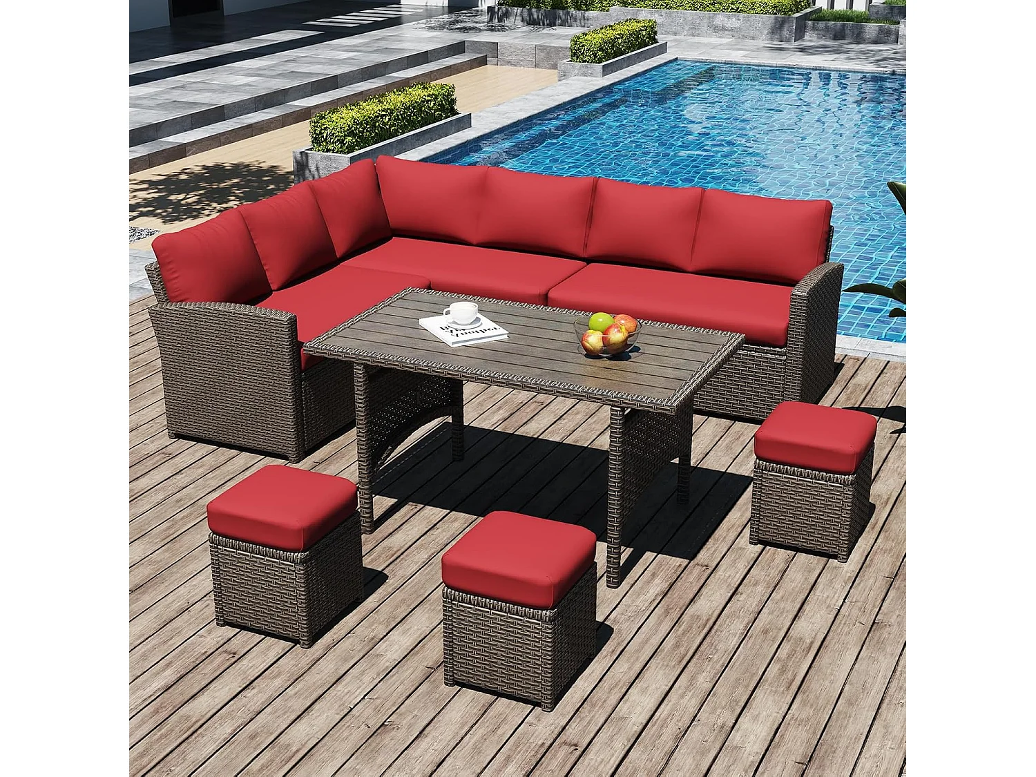 YODOLLA Salon de Jardin 7 Places - 3 Canapés 2 Places Modulables, 3 Poufs, Table - Coussins Rouges & Rotin Marron