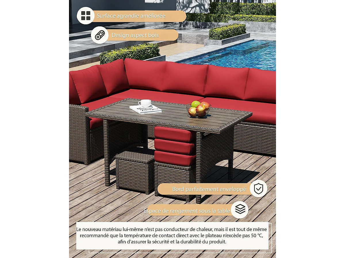 YODOLLA Salon de Jardin 7 Places - 3 Canapés 2 Places Modulables, 3 Poufs, Table - Coussins Rouges & Rotin Marron