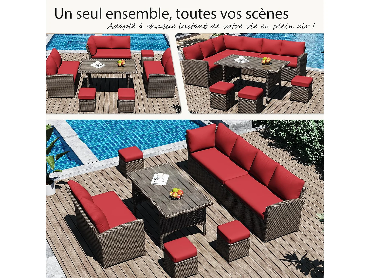 YODOLLA Salon de Jardin 7 Places - 3 Canapés 2 Places Modulables, 3 Poufs, Table - Coussins Rouges & Rotin Marron