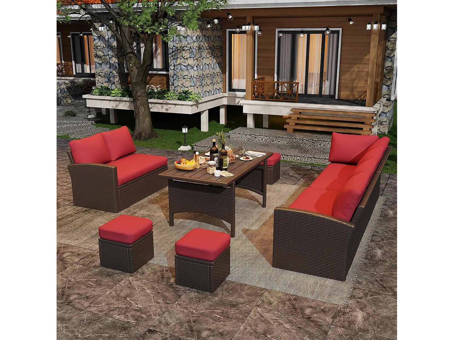 YODOLLA Salon de Jardin 7 Places - 3 Canapés 2 Places Modulables, 3 Poufs, Table - Coussins Rouges & Rotin Marron