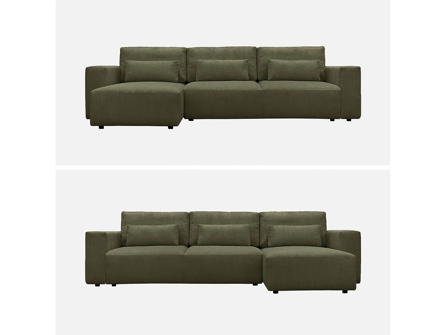 Canapé d'angle convertible réversible 5 places velours côtelé kaki avec coffre de rangement - Theo