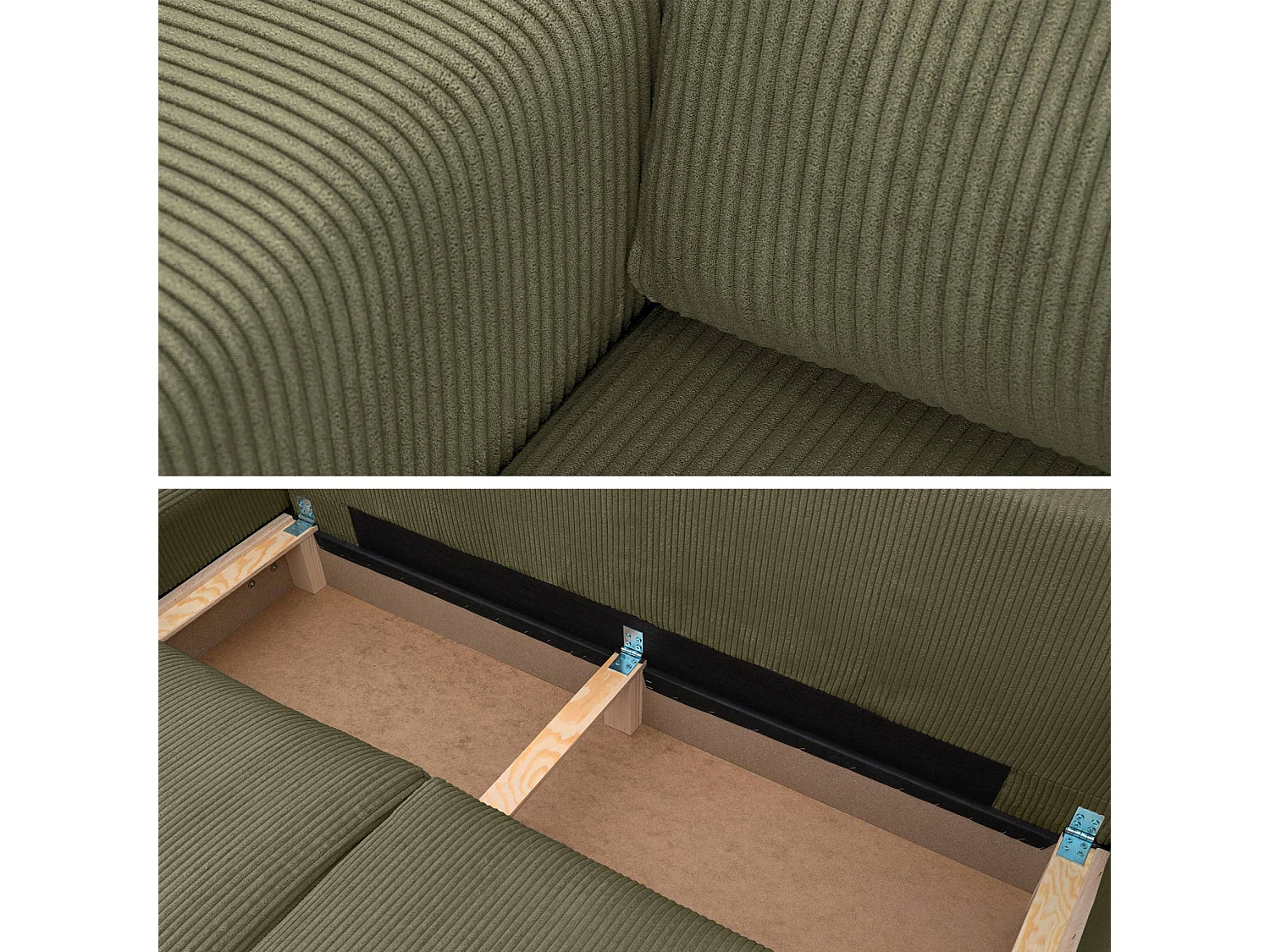 Canapé d'angle convertible réversible 5 places velours côtelé kaki avec coffre de rangement - Theo