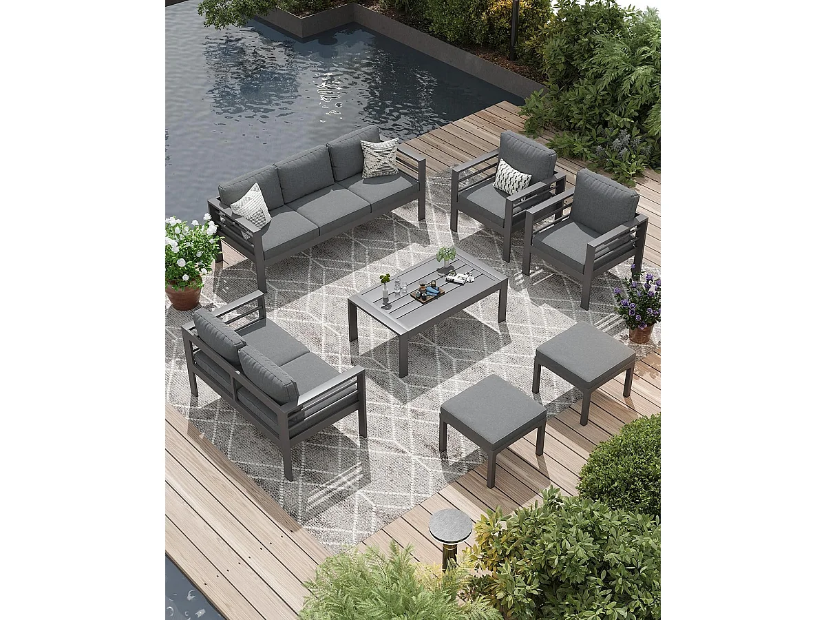 YODOLLA 7-teiliges Aluminium Garten-Sitzgruppe, modernes Terrassenset mit Couchtisch & wetterfester Metall Lounge, Schwarz