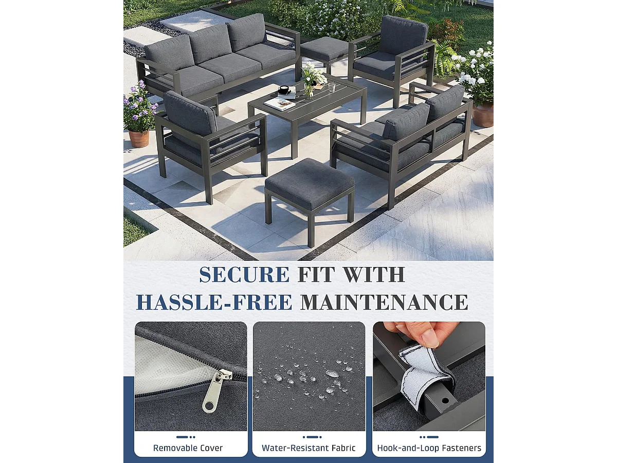 YODOLLA 7-teiliges Aluminium Garten-Sitzgruppe, modernes Terrassenset mit Couchtisch & wetterfester Metall Lounge, Schwarz