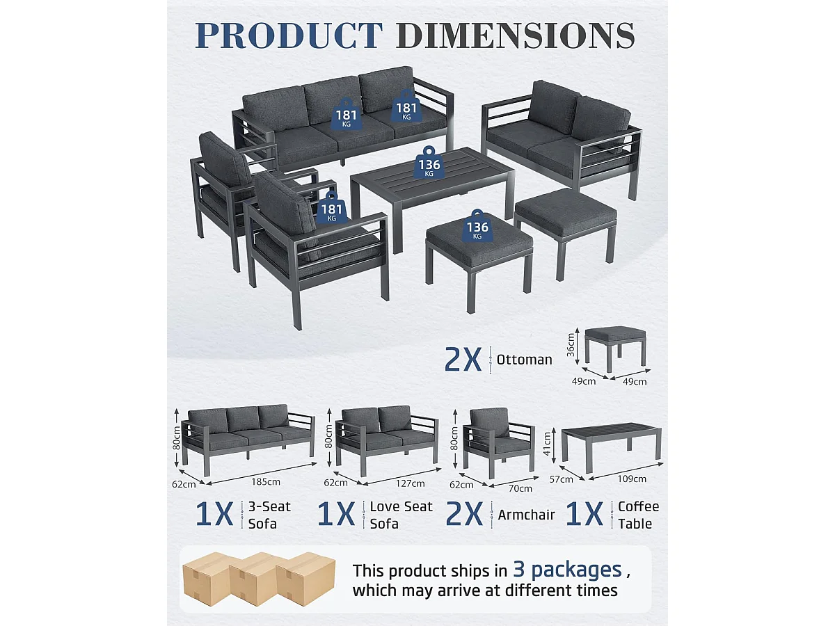 YODOLLA 7-teiliges Aluminium Garten-Sitzgruppe, modernes Terrassenset mit Couchtisch & wetterfester Metall Lounge, Schwarz