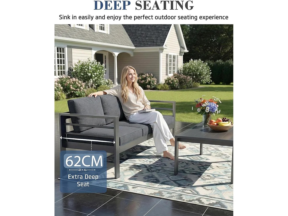 YODOLLA 7-teiliges Aluminium Garten-Sitzgruppe, modernes Terrassenset mit Couchtisch & wetterfester Metall Lounge, Schwarz