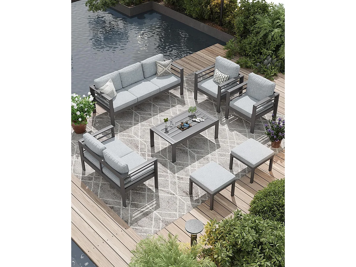 YODOLLA 7-teiliges Aluminium Garten-Sitzgruppe, modernes Terrassenset mit Couchtisch & wetterfester Metall Lounge, Grau