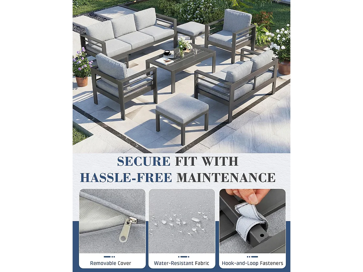 YODOLLA 7-teiliges Aluminium Garten-Sitzgruppe, modernes Terrassenset mit Couchtisch & wetterfester Metall Lounge, Grau