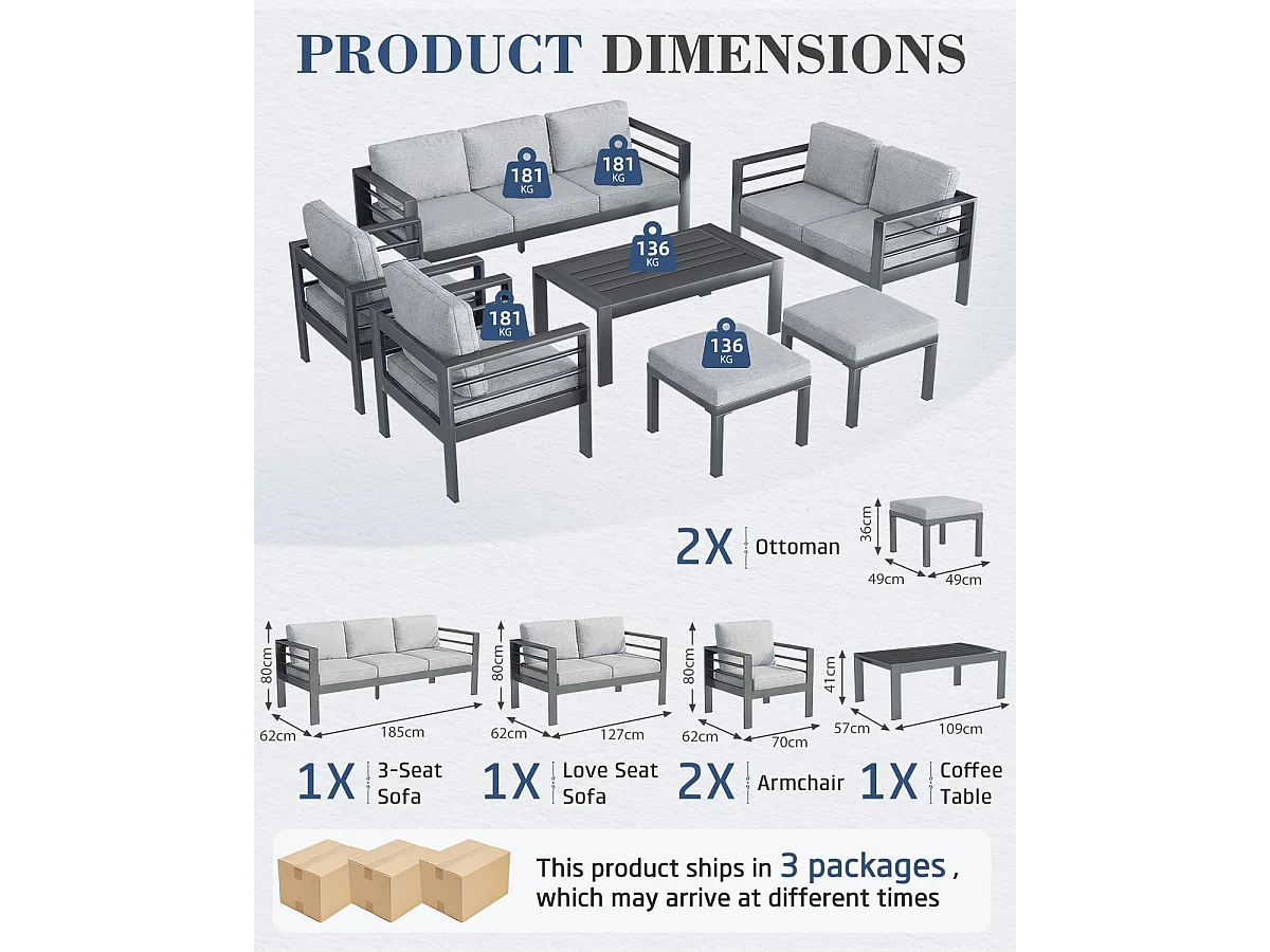 YODOLLA 7-teiliges Aluminium Garten-Sitzgruppe, modernes Terrassenset mit Couchtisch & wetterfester Metall Lounge, Grau