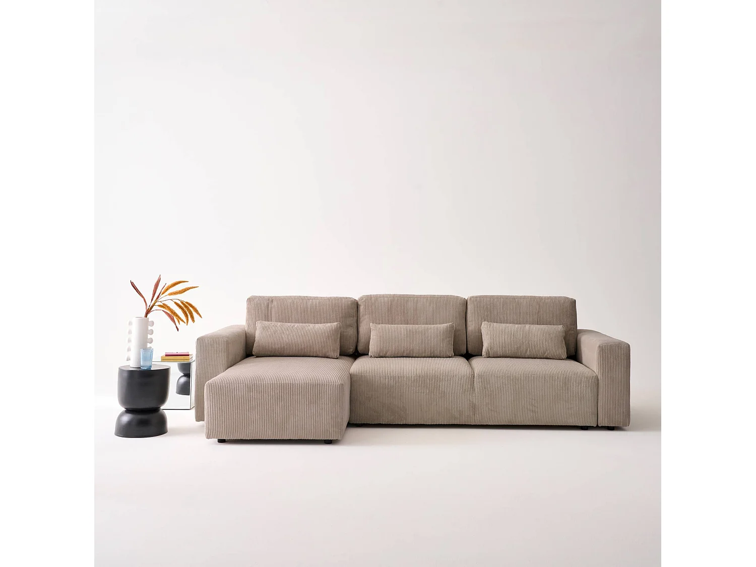 Canapé d'angle convertible réversible 5 places velours côtelé taupe avec coffre de rangement - Theo