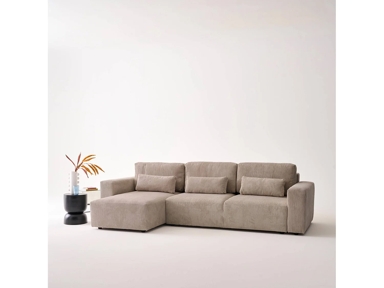 Canapé d'angle convertible réversible 5 places velours côtelé taupe avec coffre de rangement - Theo
