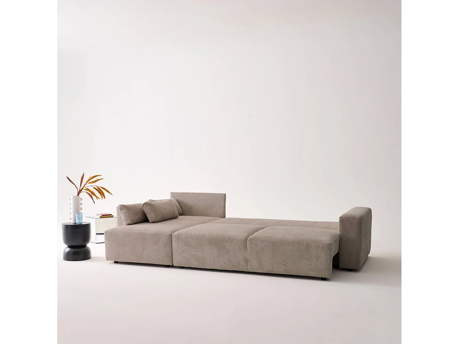 Canapé d'angle convertible réversible 5 places velours côtelé taupe avec coffre de rangement - Theo