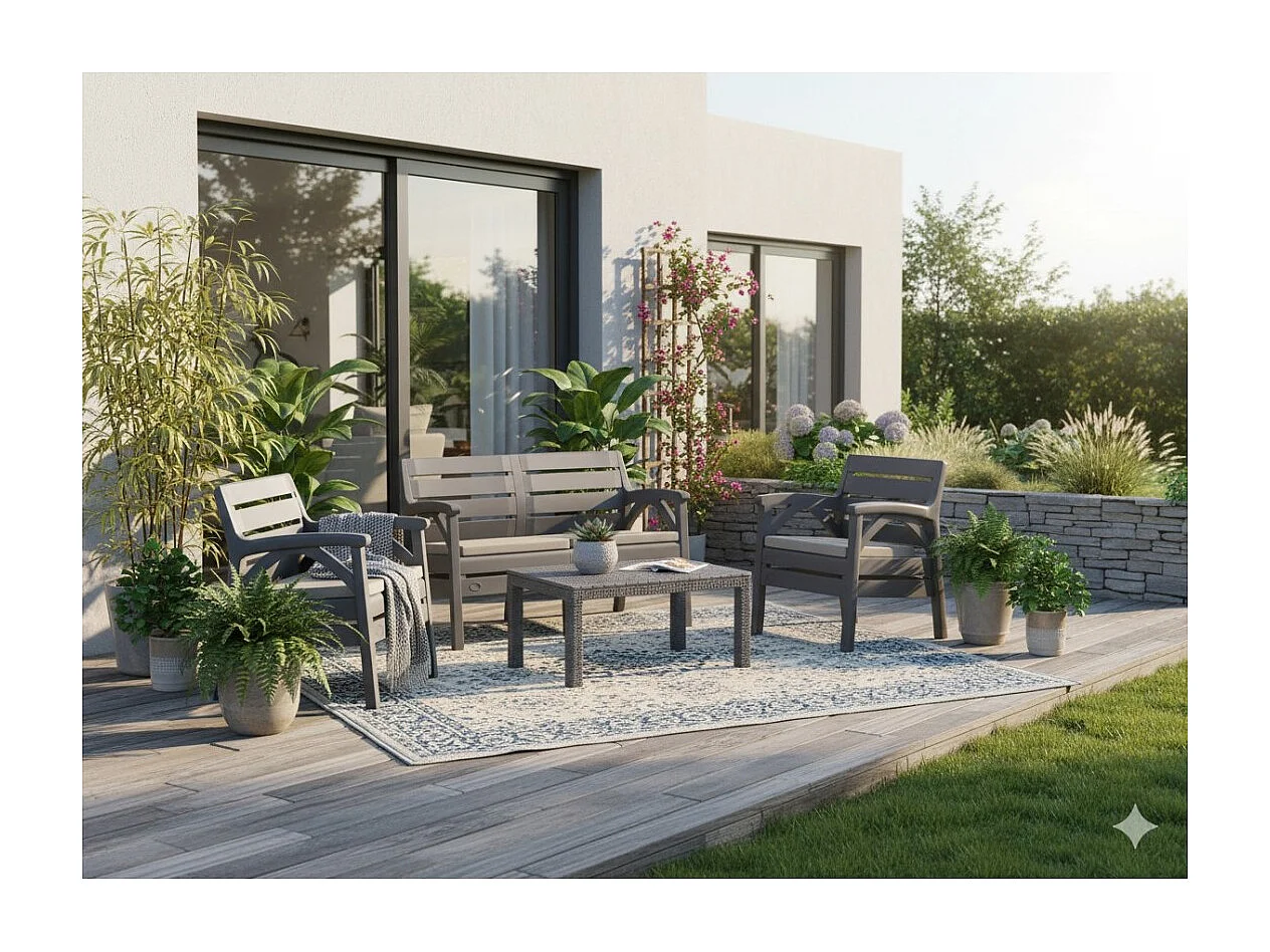 Gartenmöbelset SAVENNA 4-Sitzer anthrazit mit Sofa, Sesseln und Couchtisch