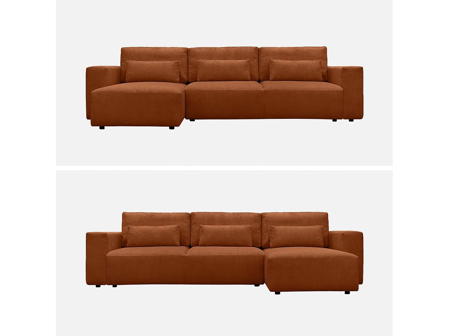 Canapé d'angle convertible réversible 5 places velours côtelé camel avec coffre de rangement - Theo