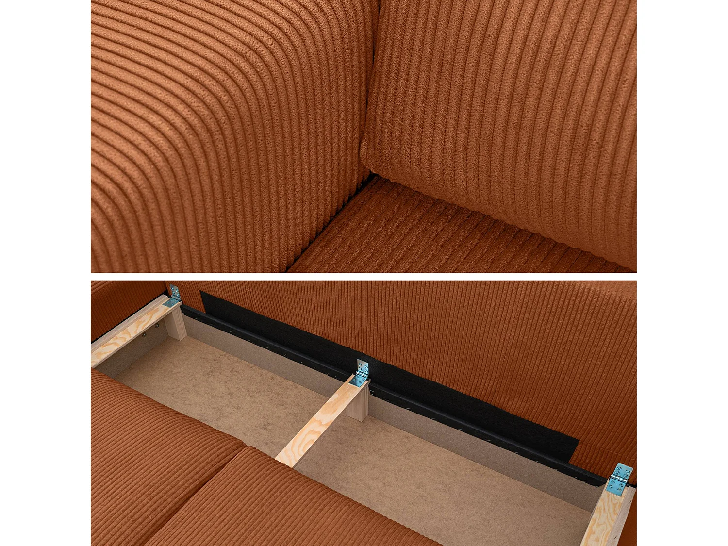 Canapé d'angle convertible réversible 5 places velours côtelé camel avec coffre de rangement - Theo