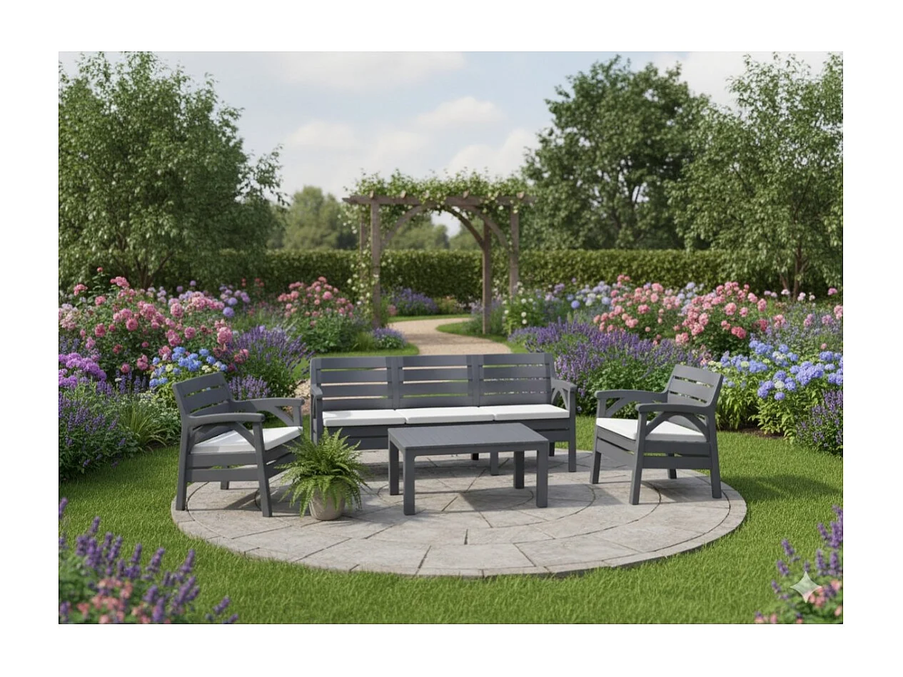 Tuinset SOLVANA 5 zitplaatsen antraciet met 3-zitsbank, fauteuils en salontafel