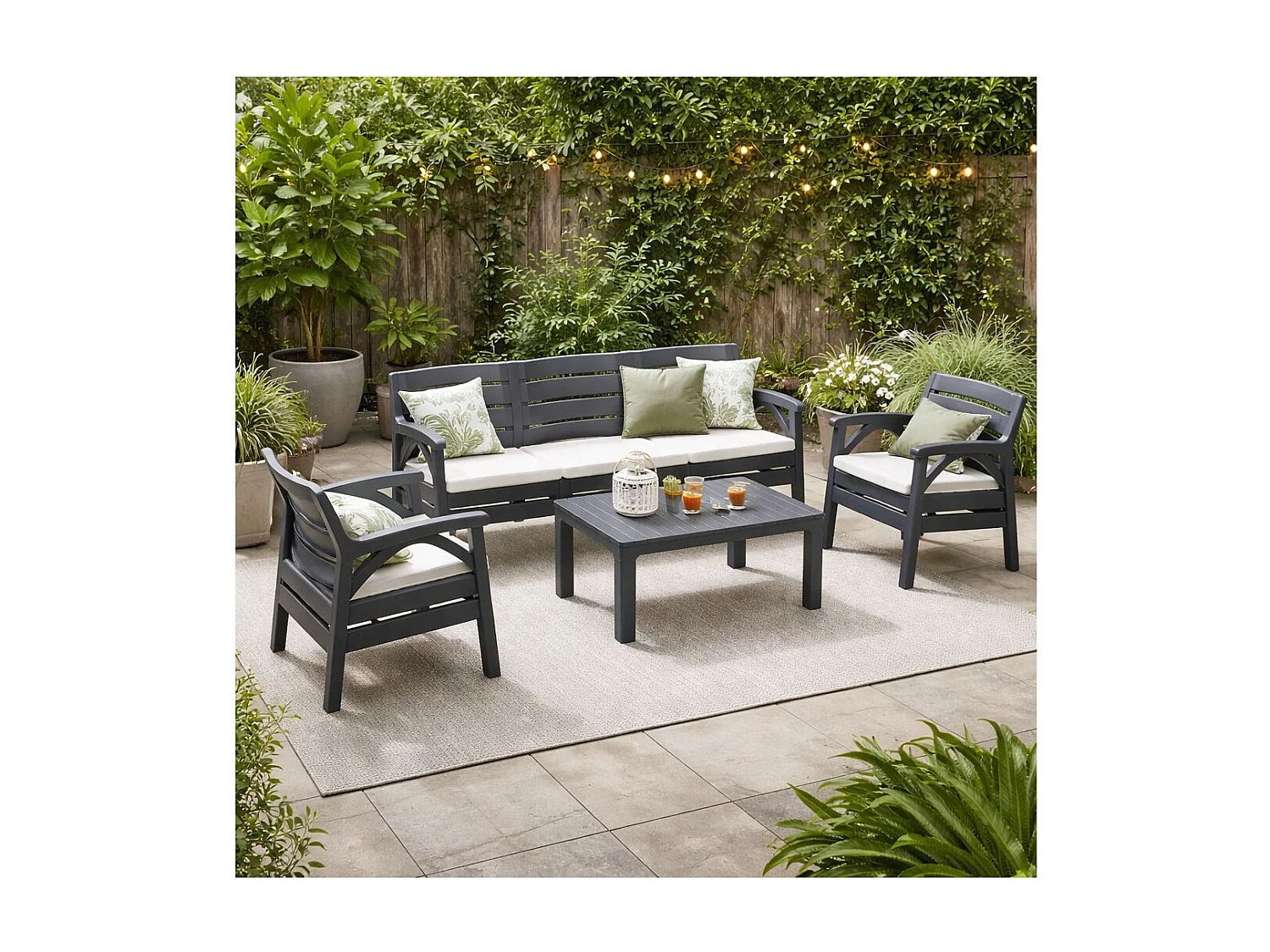 Tuinset SOLVANA 5 zitplaatsen antraciet met 3-zitsbank, fauteuils en salontafel