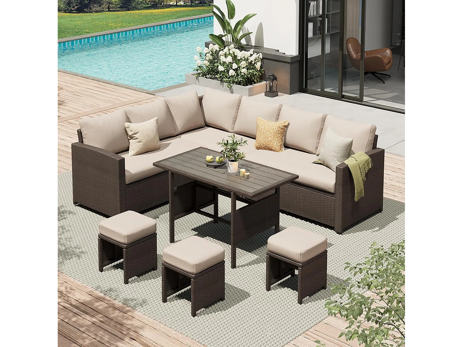 YODOLLA Salon de Jardin 7 Places - 3 Canapés 2 Places Modulables, 3 Poufs, Table - Coussins Blancs & Rotin Marron