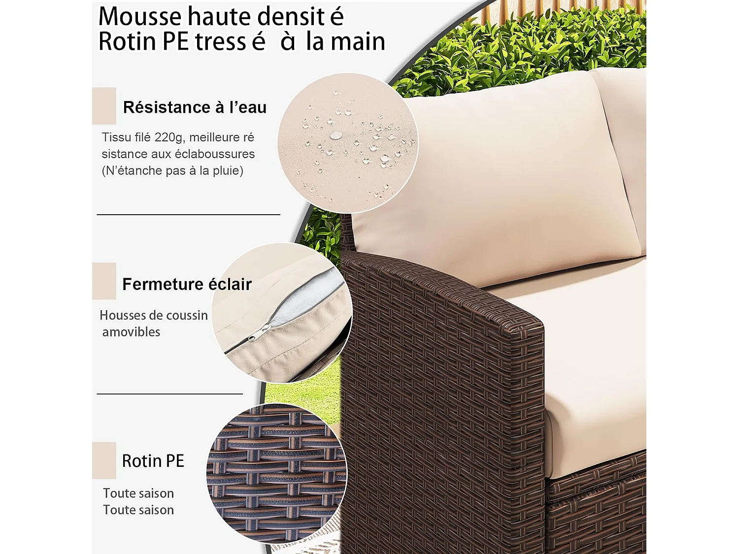 YODOLLA Salon de Jardin 7 Places - 3 Canapés 2 Places Modulables, 3 Poufs, Table - Coussins Blancs & Rotin Marron