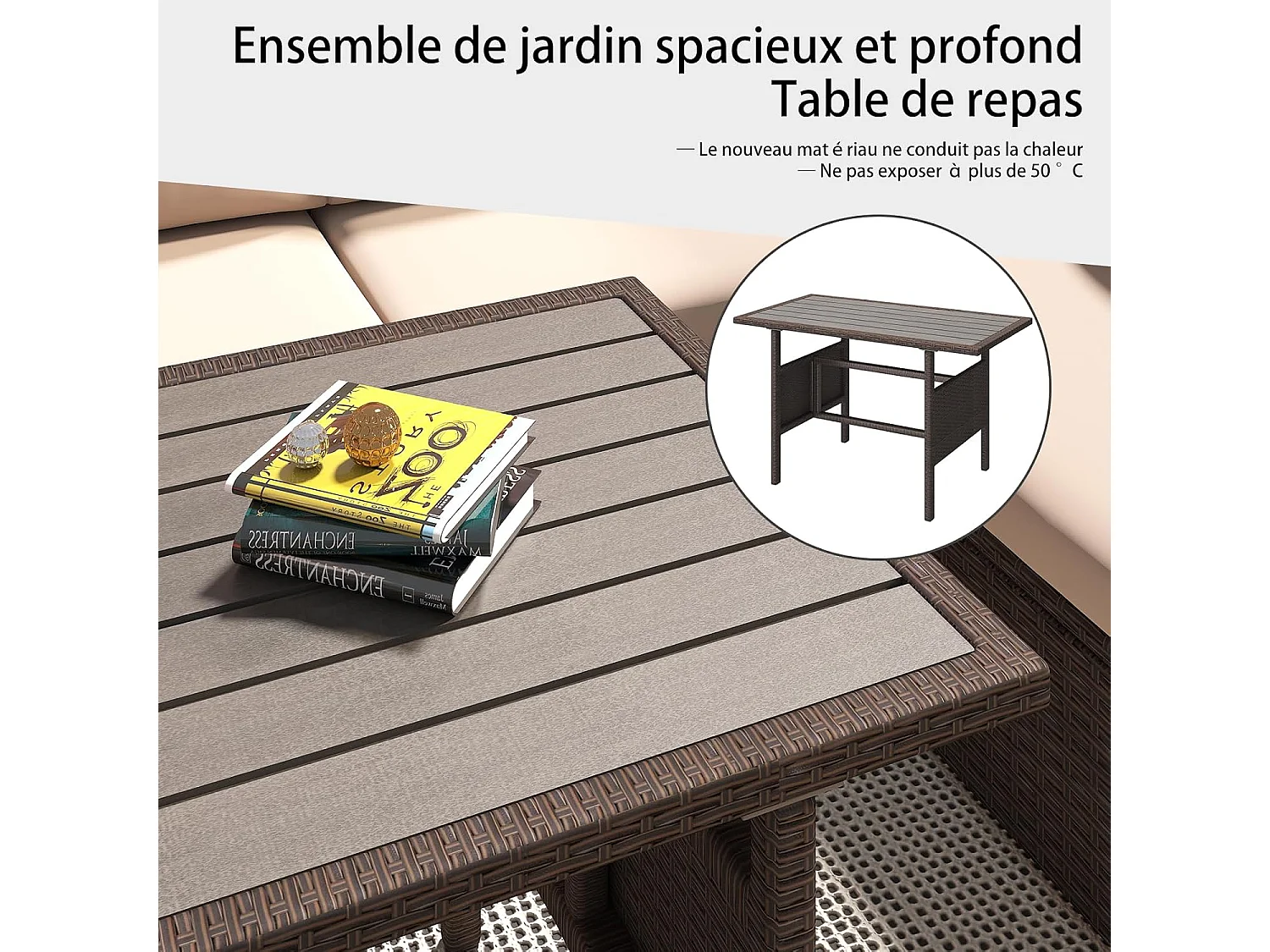 YODOLLA Salon de Jardin 7 Places - 3 Canapés 2 Places Modulables, 3 Poufs, Table - Coussins Blancs & Rotin Marron